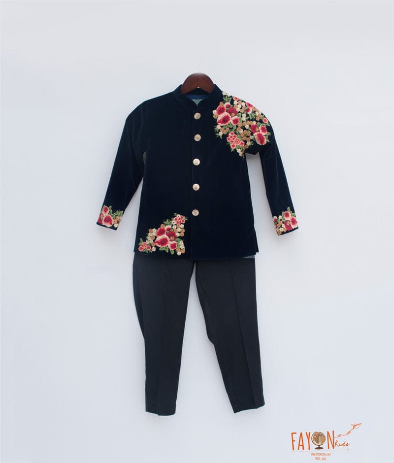 Navy Blue Velvet Embroidery Achkan with Pant for Boys