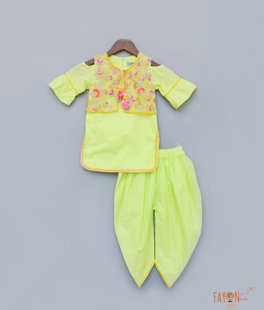 Neon Green Cotton Dhoti Set with Embroidery Jacket for Girls