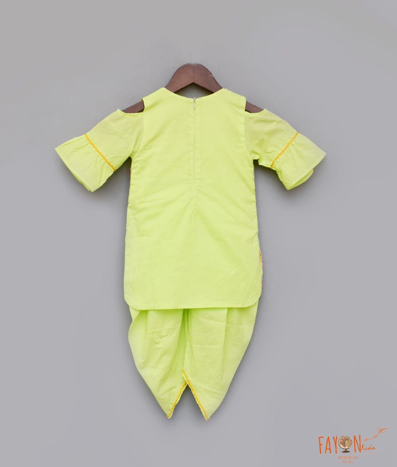 Neon Green Cotton Dhoti Set with Embroidery Jacket for Girls