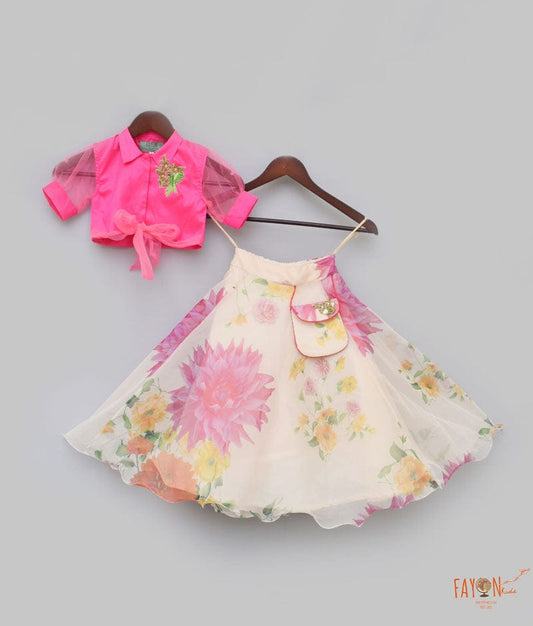 Neon Pink Ivory Printed Lehenga with Knotted Top for Girls