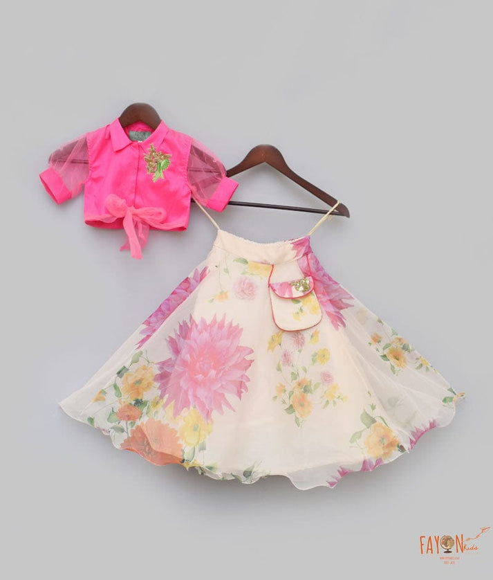 Neon Pink Ivory Printed Lehenga with Knotted Top for Girls