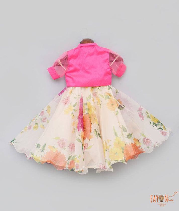 Neon Pink Ivory Printed Lehenga with Knotted Top for Girls