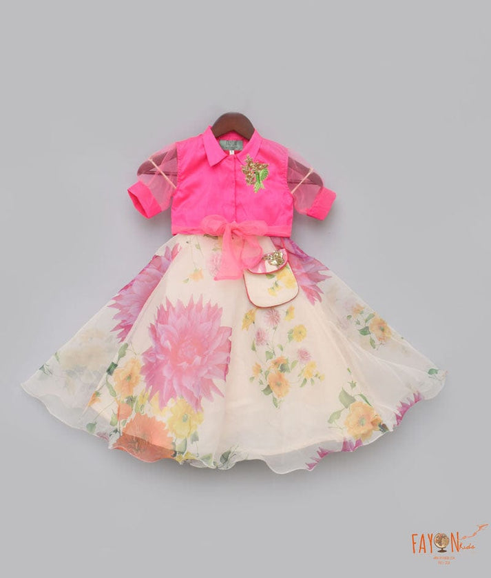 Neon Pink Ivory Printed Lehenga with Knotted Top for Girls