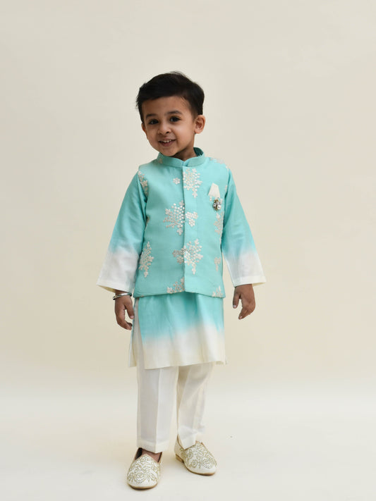 Off-White Acqua Embroidery Jacket Shaded Kurta and Cotton Silk Pant set for boys