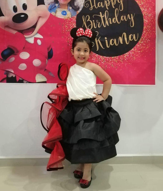 Off white Black Silk Crop Top with Skirt attached Net Frill for Girls