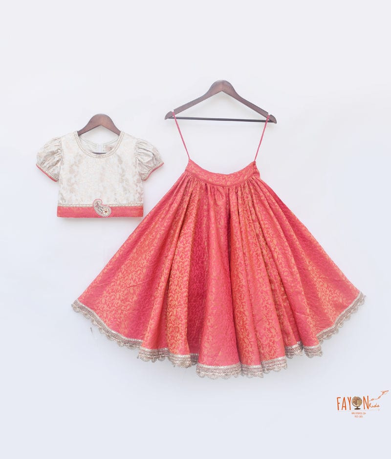 Off white Chanderi Coral Pattu Lehenga with Choli for Girls