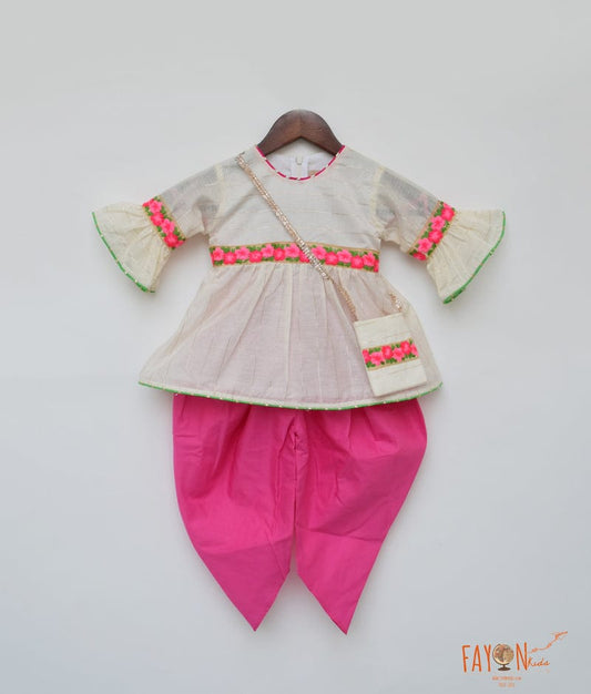 Off white Chanderi Pink Cotton Cambric Dhoti Set for Girls