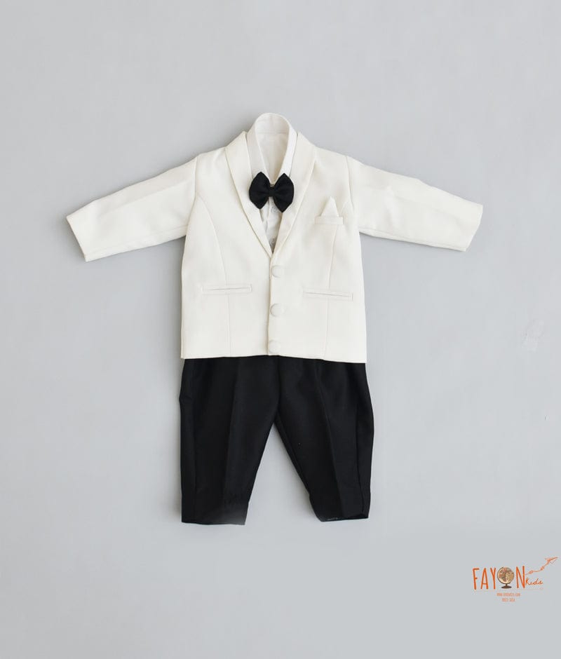 Off white Coat with White Shirt and Black Pant for Boys