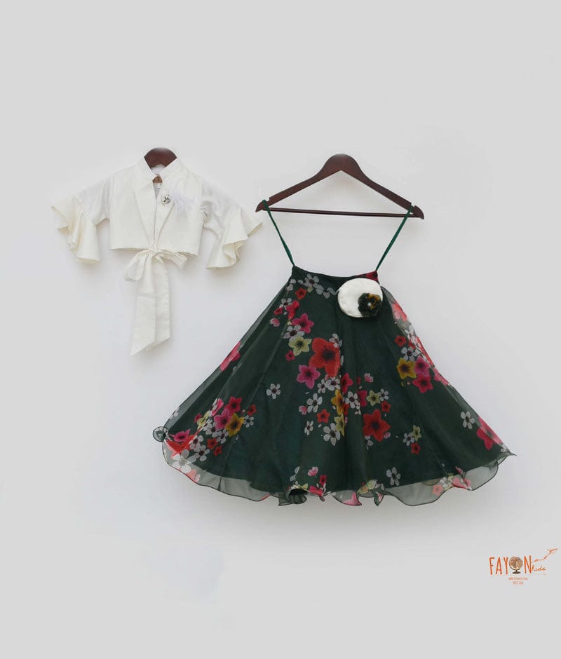 Off white Cotton Silk Green Organza Printed Lehenga with Tie Knotted Top for Girls