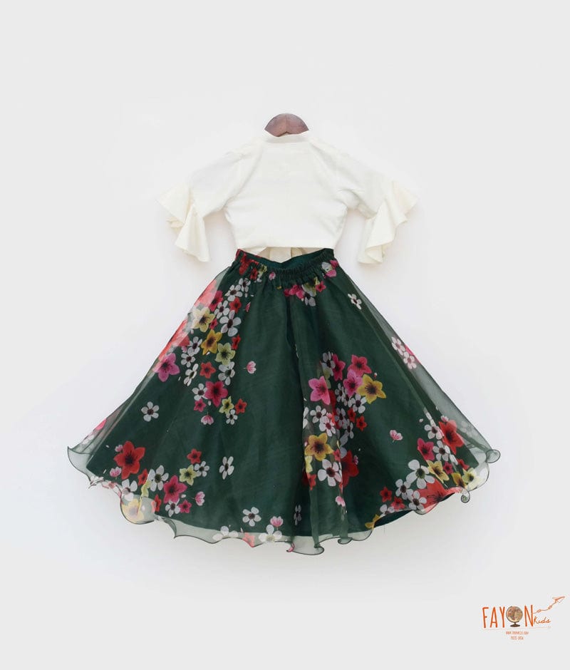 Off white Cotton Silk Green Organza Printed Lehenga with Tie Knotted Top for Girls