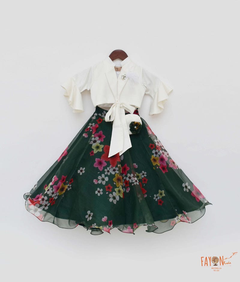 Off white Cotton Silk Green Organza Printed Lehenga with Tie Knotted Top for Girls