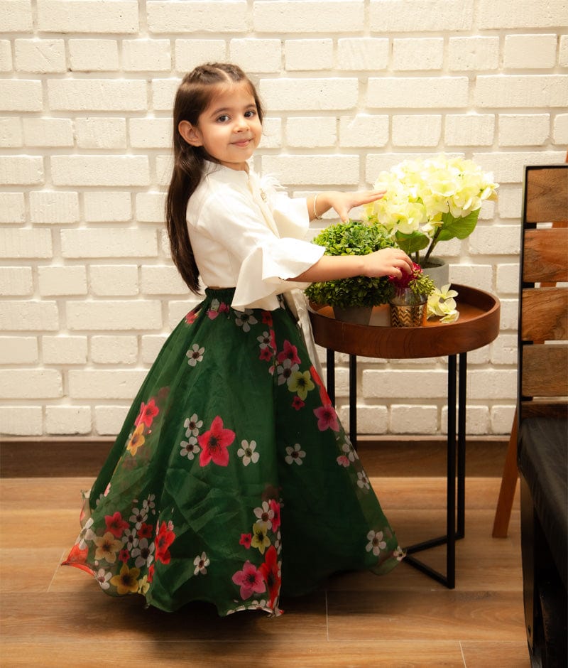 Off white Cotton Silk Green Organza Printed Lehenga with Tie Knotted Top for Girls