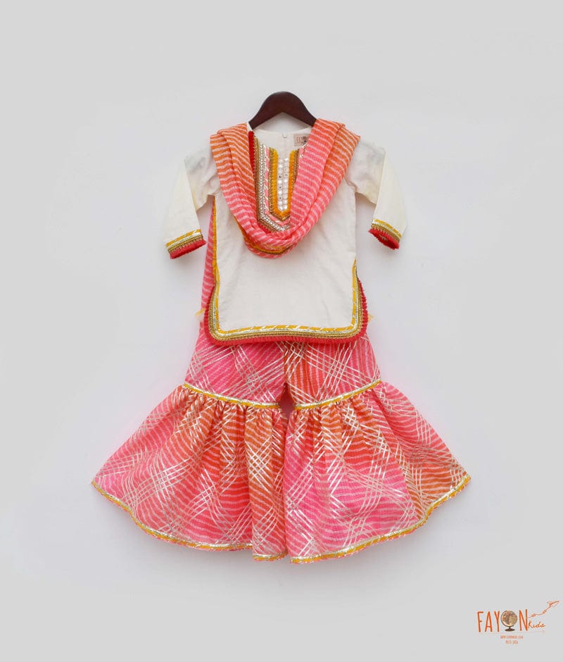 Off white Cotton Silk Pink Kotta Print Sharara with Kurti Printed Kotta Dupatta for Girls