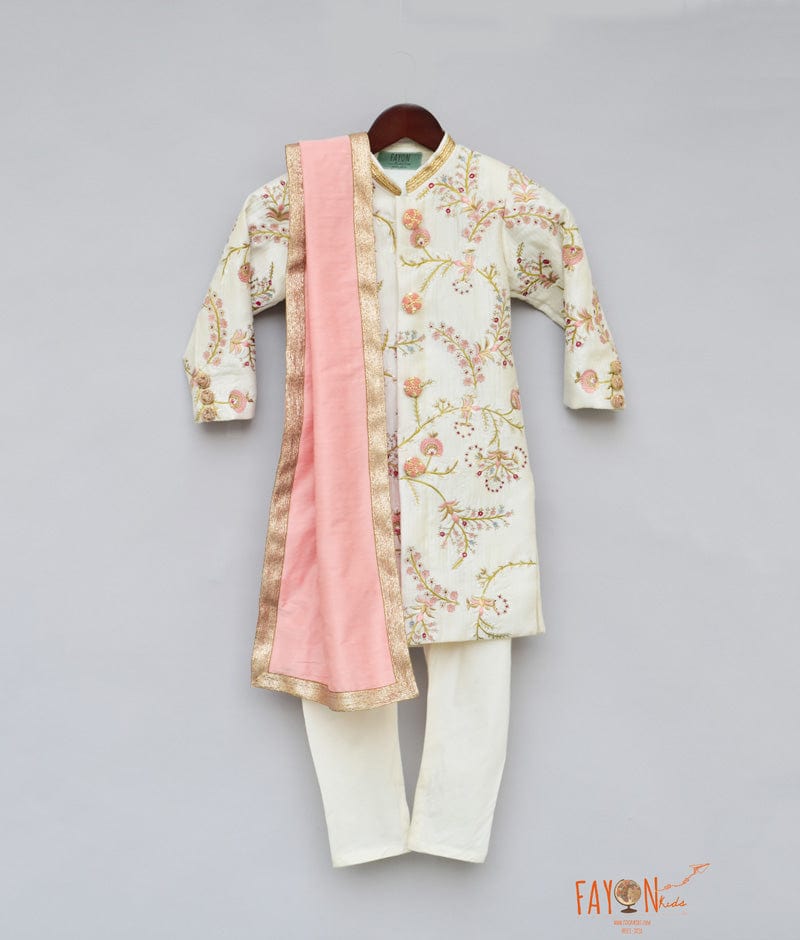 Off white Embroidery Sherwani with Off White Chudidar for Boys