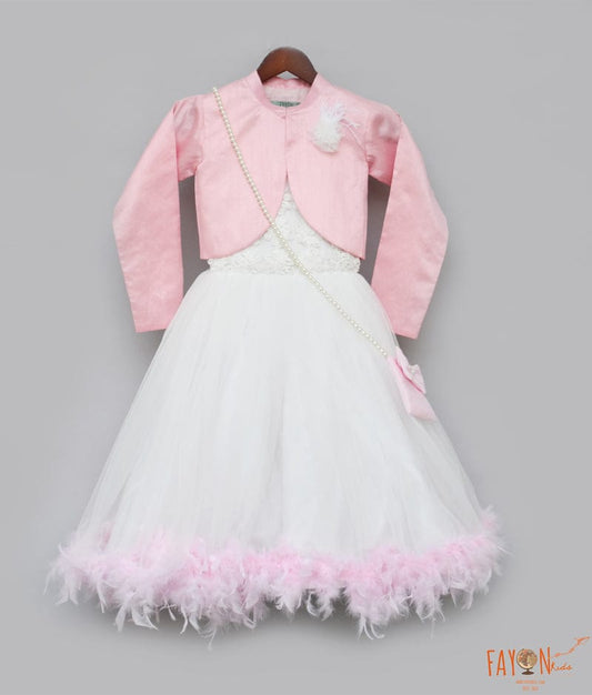 Off white Fur Gown with Shrug for Girls