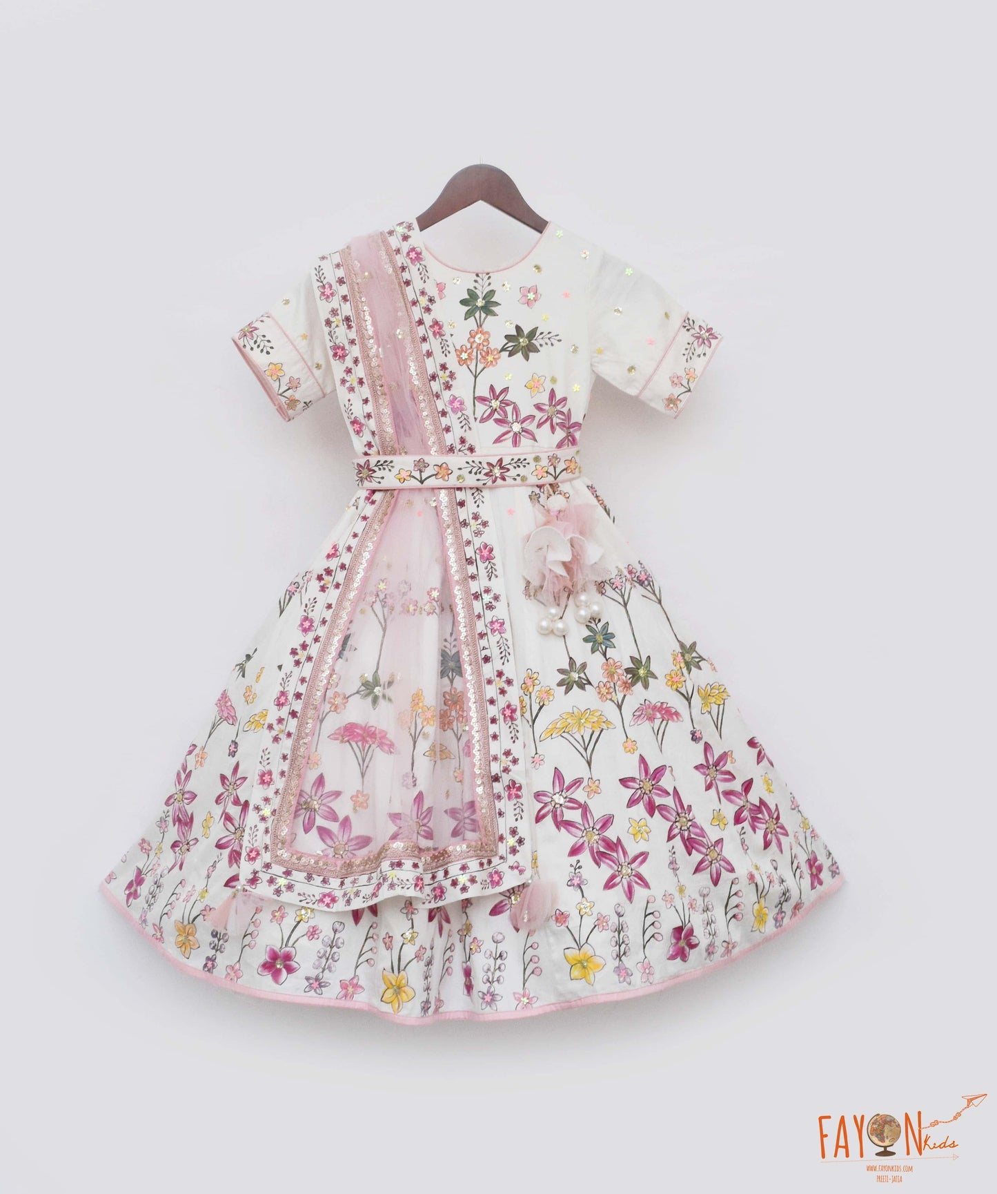 Off white Hand Painted Anarkali with Net Dupatta for Girls