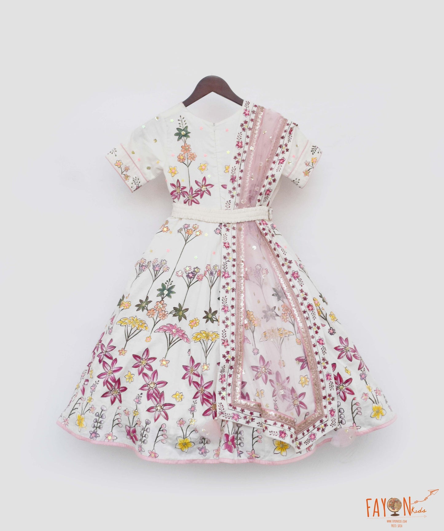 Off white Hand Painted Anarkali with Net Dupatta for Girls