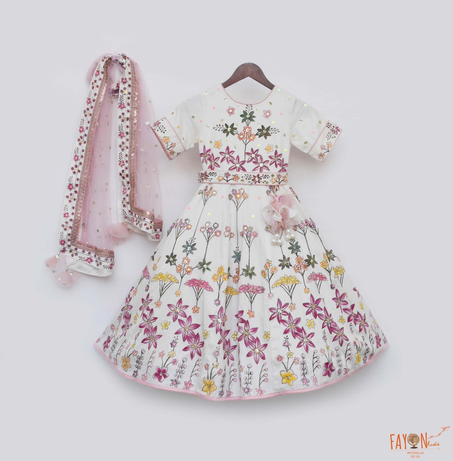 Off white Hand Painted Anarkali with Net Dupatta for Girls