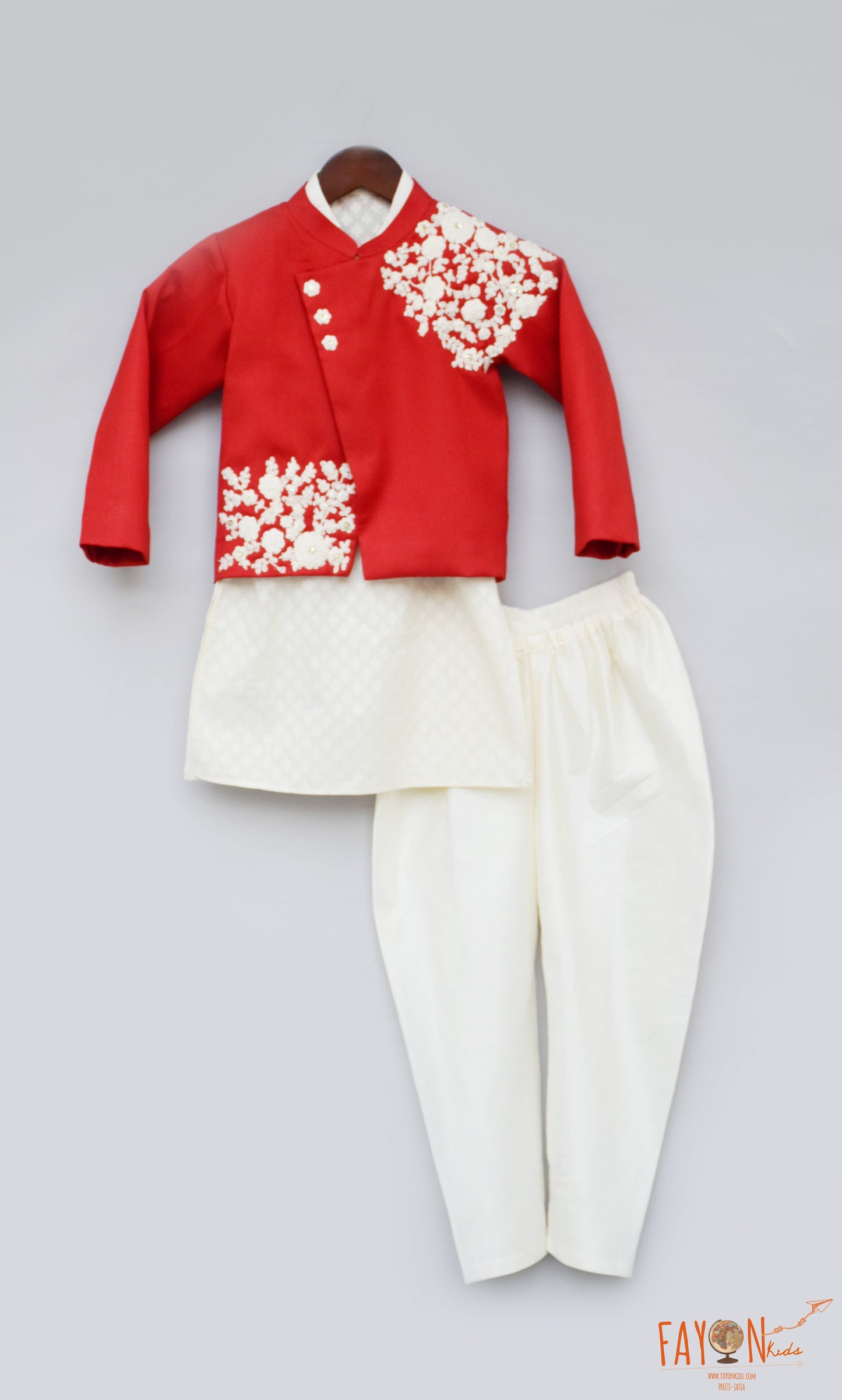 Off-White Kurta with Red Embroidered Jacket Off White Churidar set for boys