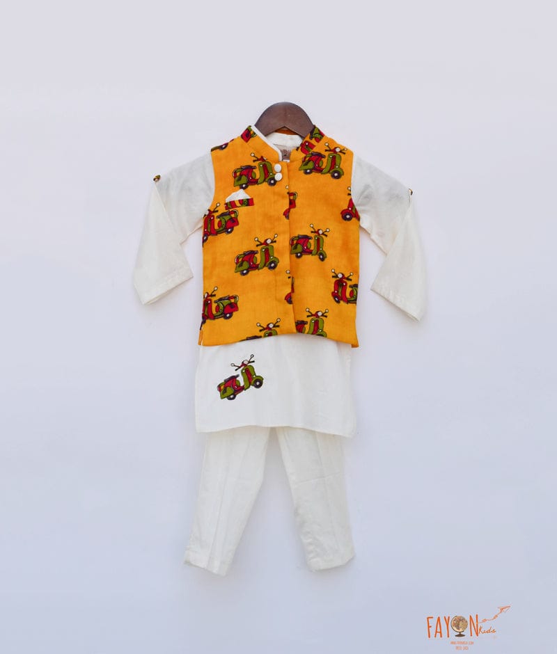 Shop Off White Kurta with Scooter Print Jacket Pant for Boys