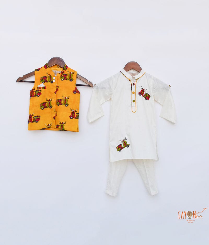 Shop Off White Kurta with Scooter Print Jacket Pant for Boys