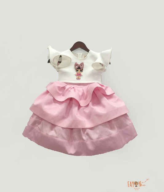 Off white Neoprene Baby Pink Silk Doll Emblem Crop Top with Skirt for Girls