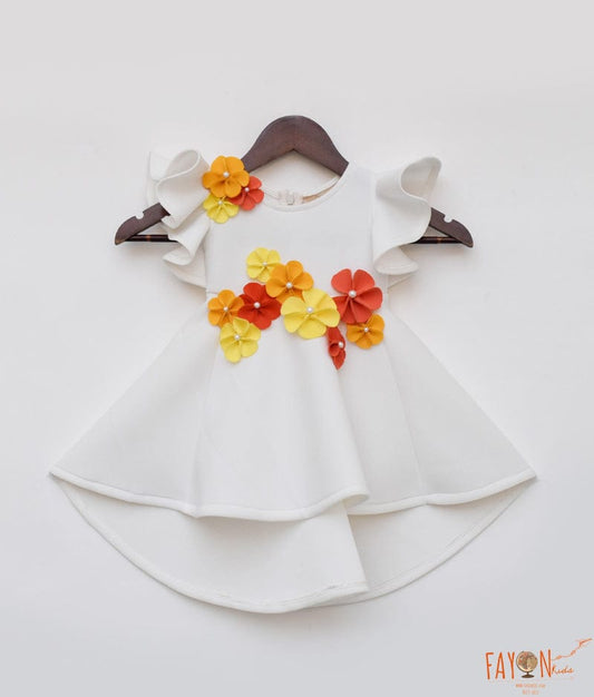 Off white Neoprene Dress with Multi Colour Flowers for Girls