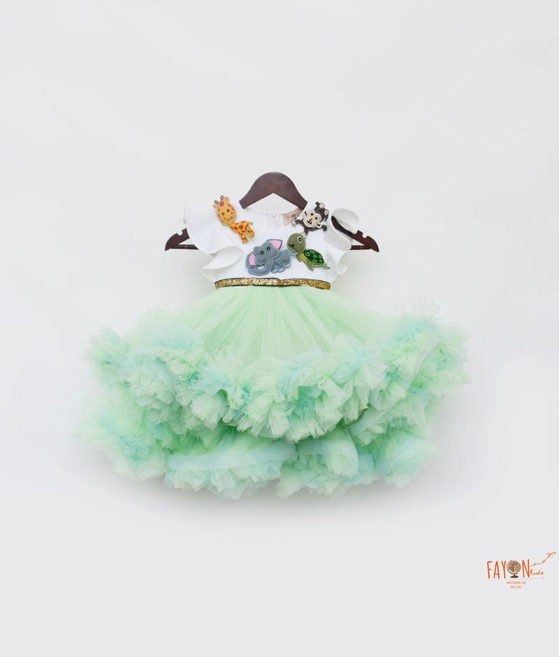 Off white Neoprene Green Net Flair High Low Dress for Girls