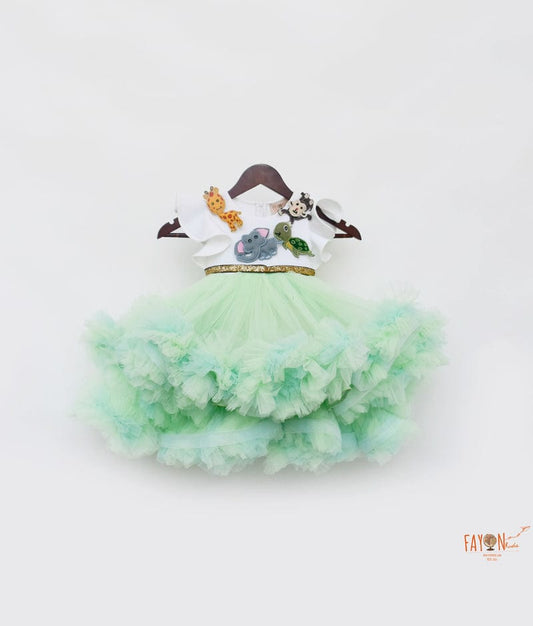 Off white Neoprene Green Net Flair High Low Dress for Girls
