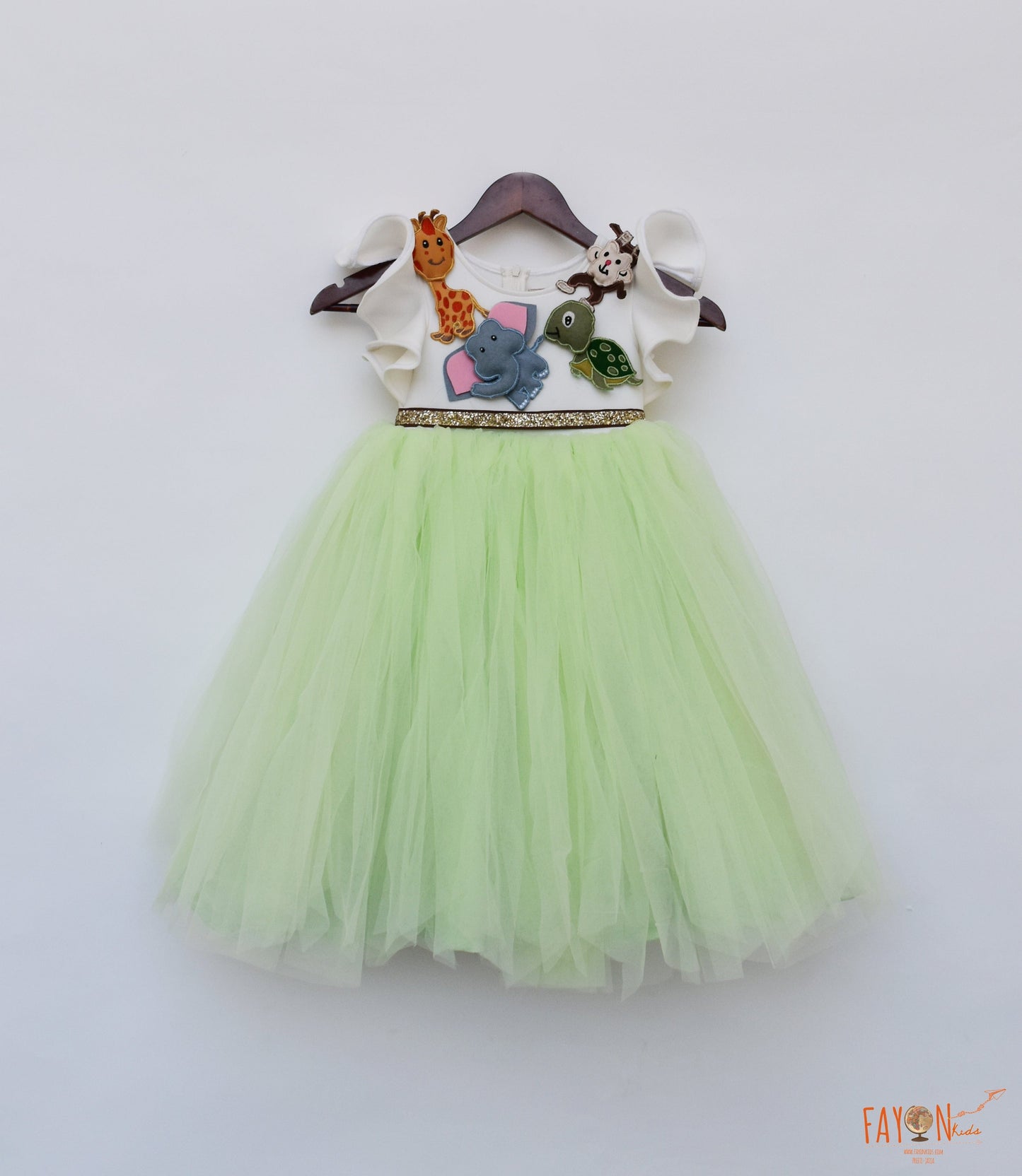 Off white Neoprene Green Net Gown with Animal Motifs for Girls