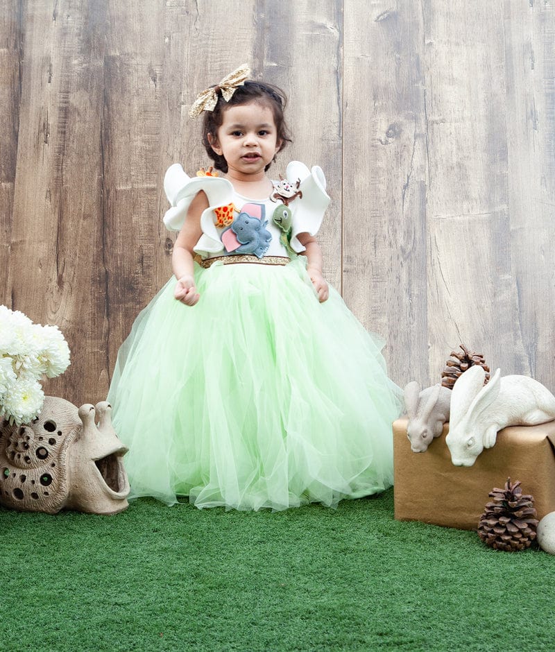 Off white Neoprene Green Net Gown with Animal Motifs for Girls