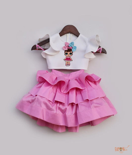 Off white Neoprene Pink Silk Crop Top with Skirt for Girls