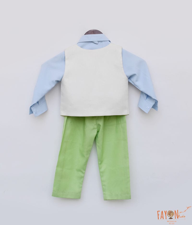 Off white Waist Coat and Blue Shirt Green Pant for Boys