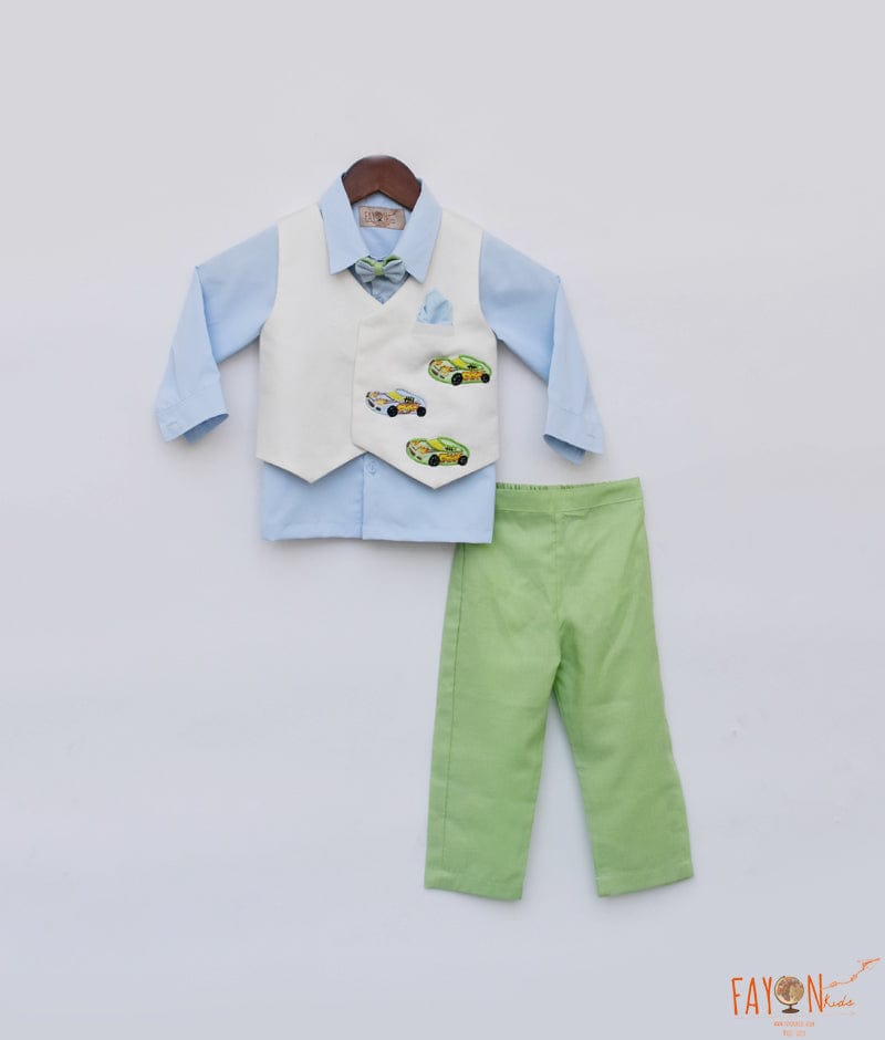 Off white Waist Coat and Blue Shirt Green Pant for Boys