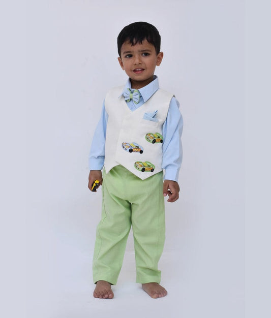Off white Waist Coat and Blue Shirt Green Pant for Boys