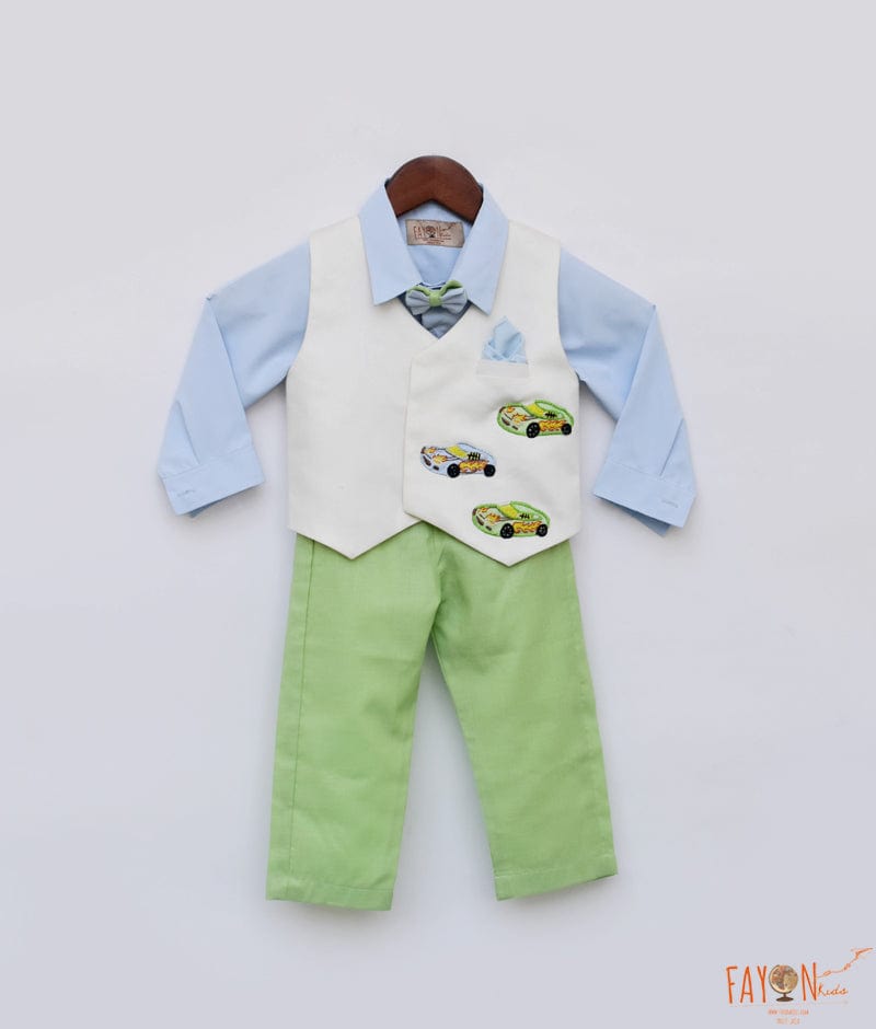 Off white Waist Coat and Blue Shirt Green Pant for Boys