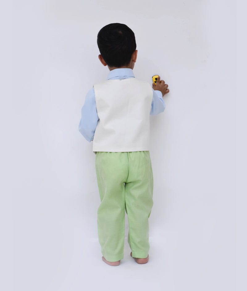 Off white Waist Coat and Blue Shirt Green Pant for Boys