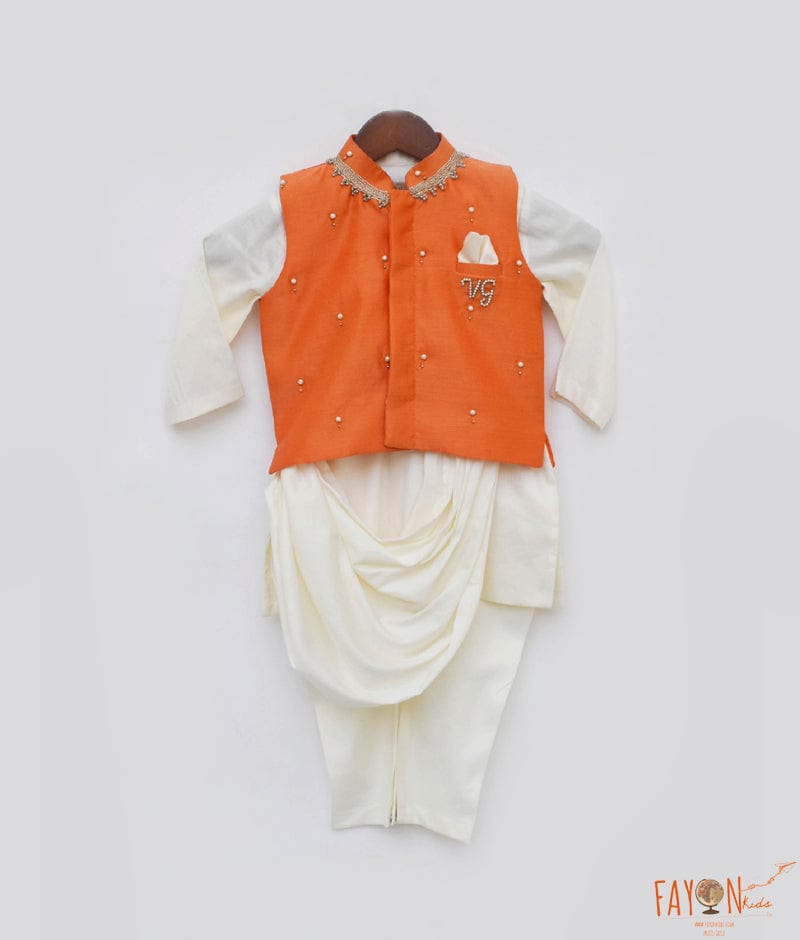Orange Chanderi Nehru Jacket Off white Cowl Kurta Chudidar for Boys