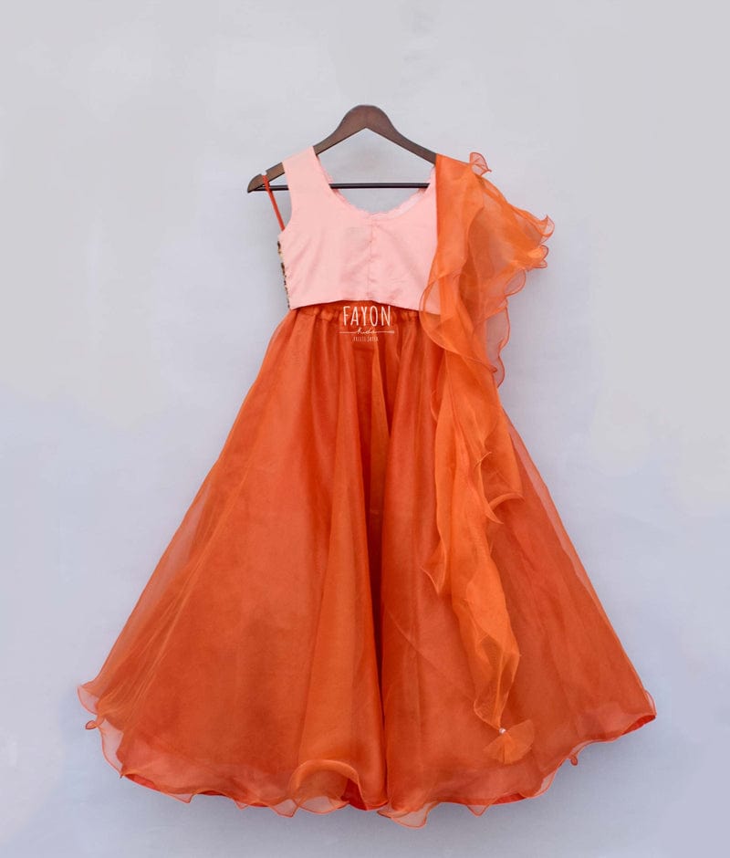 Orange Organza Lehenga with 3D Flowers Choli Organza Dupatta for Girls