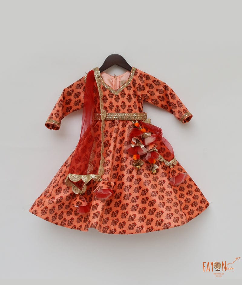 Orange Velvet Printed Anarkali with Net Dupatta for Girls