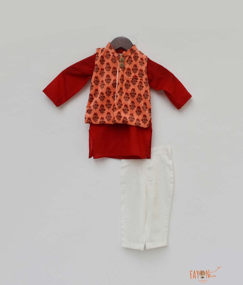 Orange Velvet Printed Nehru Jacket with Red Kurta Pant for Boys