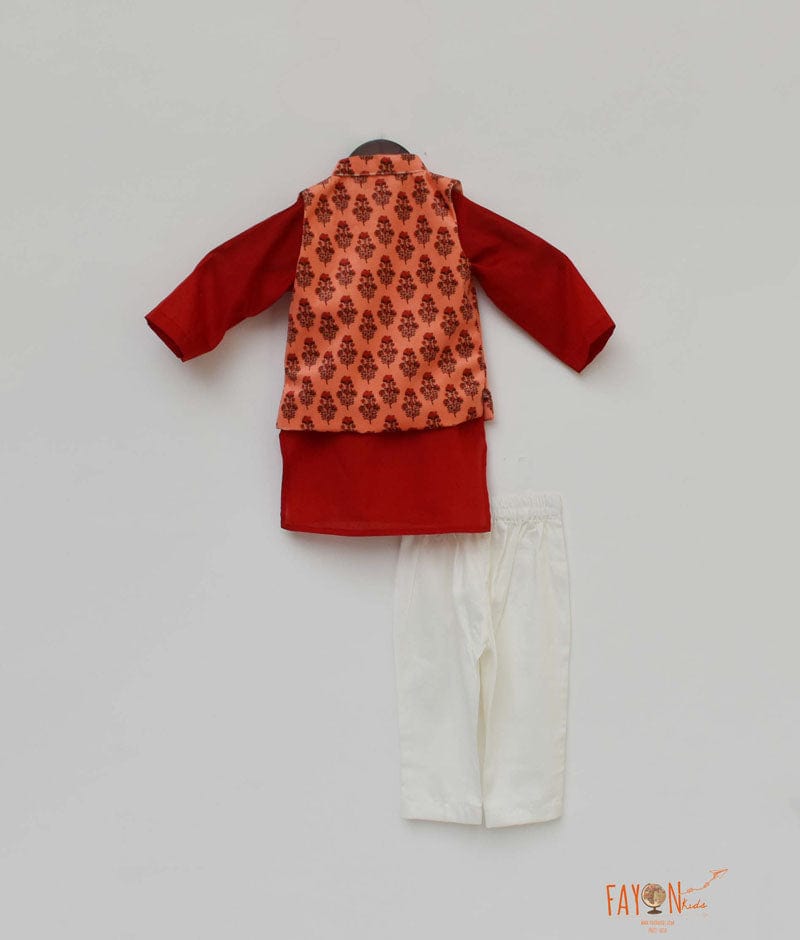 Orange Velvet Printed Nehru Jacket with Red Kurta Pant for Boys