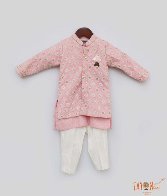 Pastel Pink Embroidery Jacket with Kurta Pant for Boys
