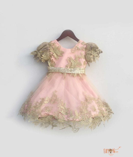 Pastel Pink Floral Golden Net Frock for Girls