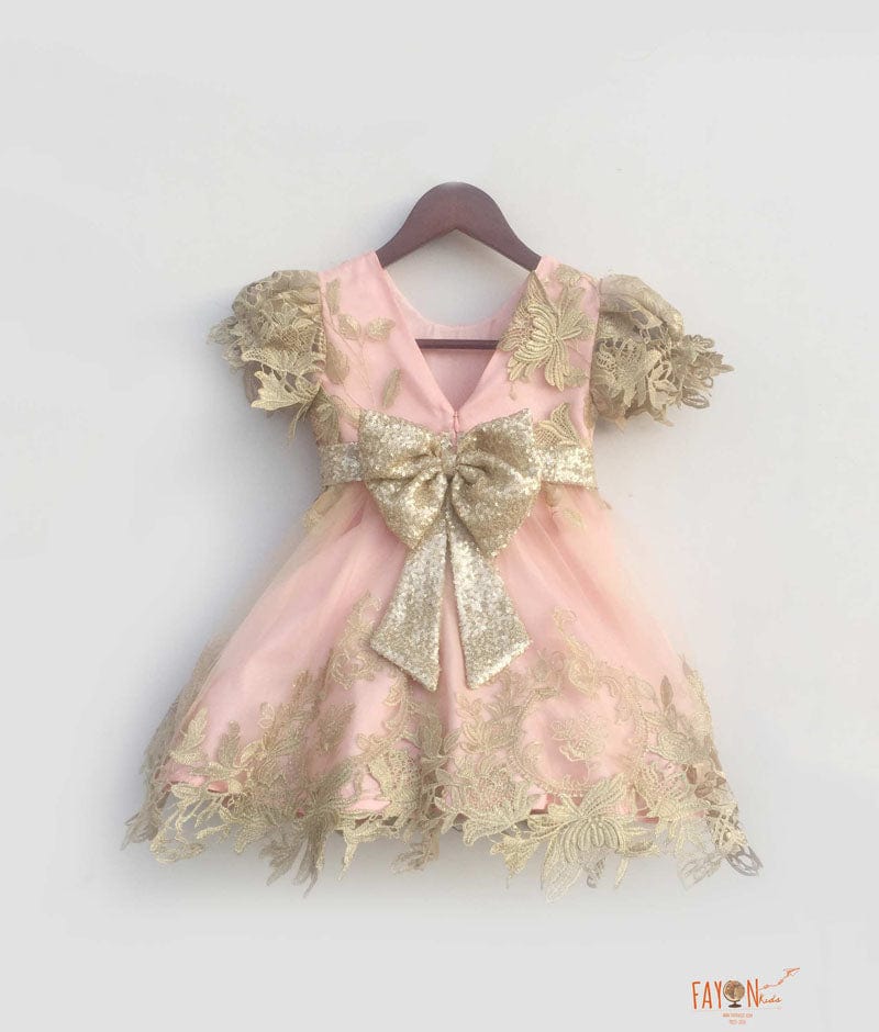 Pastel Pink Floral Golden Net Frock for Girls
