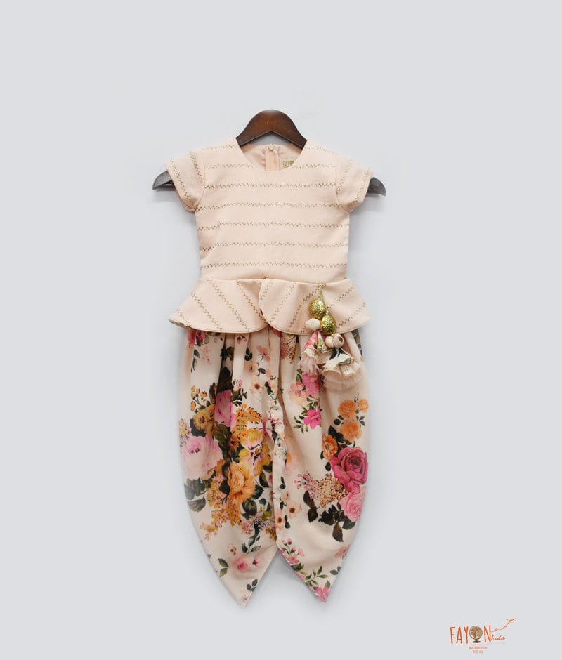 Peach Chanderi Printed Dhoti Set for Girls