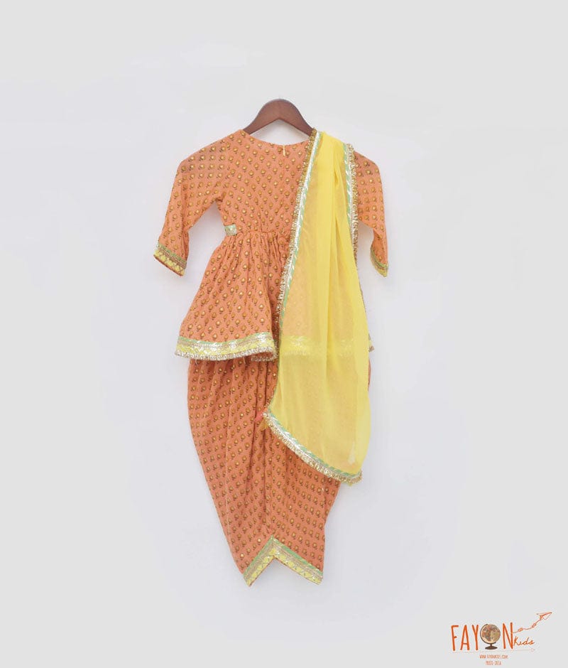 Peach Cotton Printed Dhoti Set with Georgette Dupatta for Girls