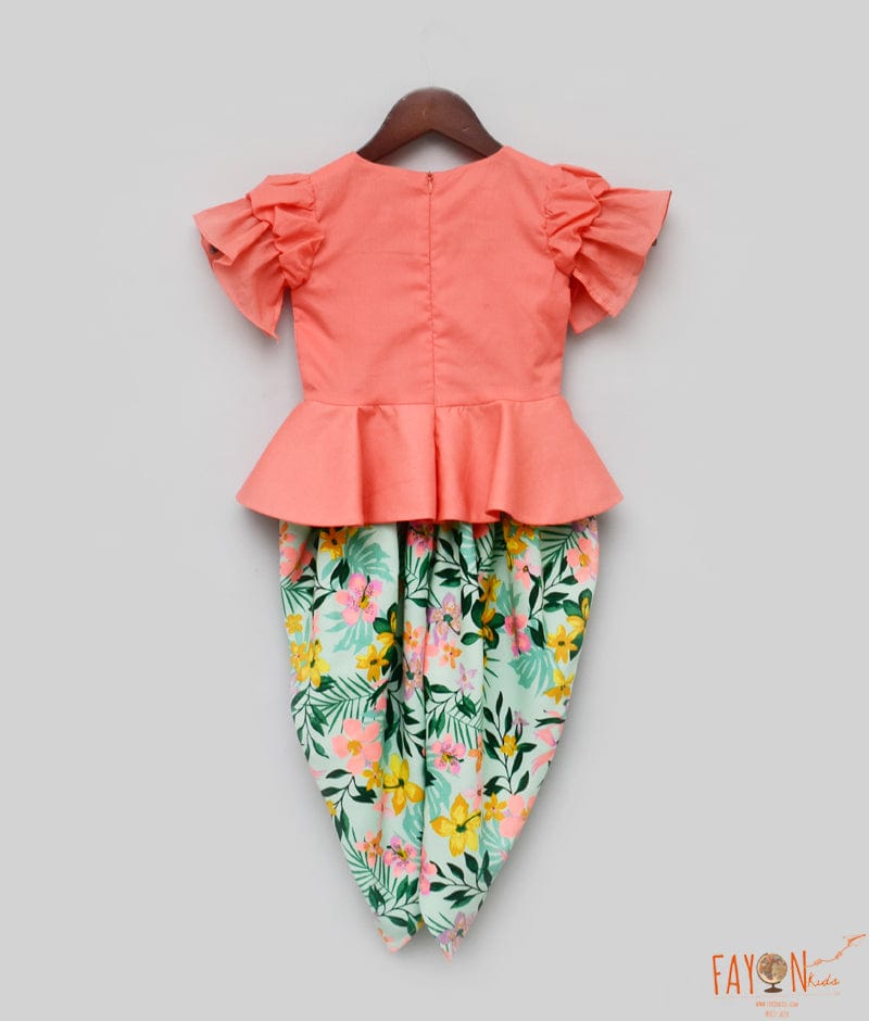Peach Cotton Printed Dhoti Set with Peplum Top for Girls