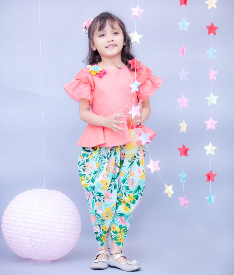 Peach Cotton Printed Dhoti Set with Peplum Top for Girls