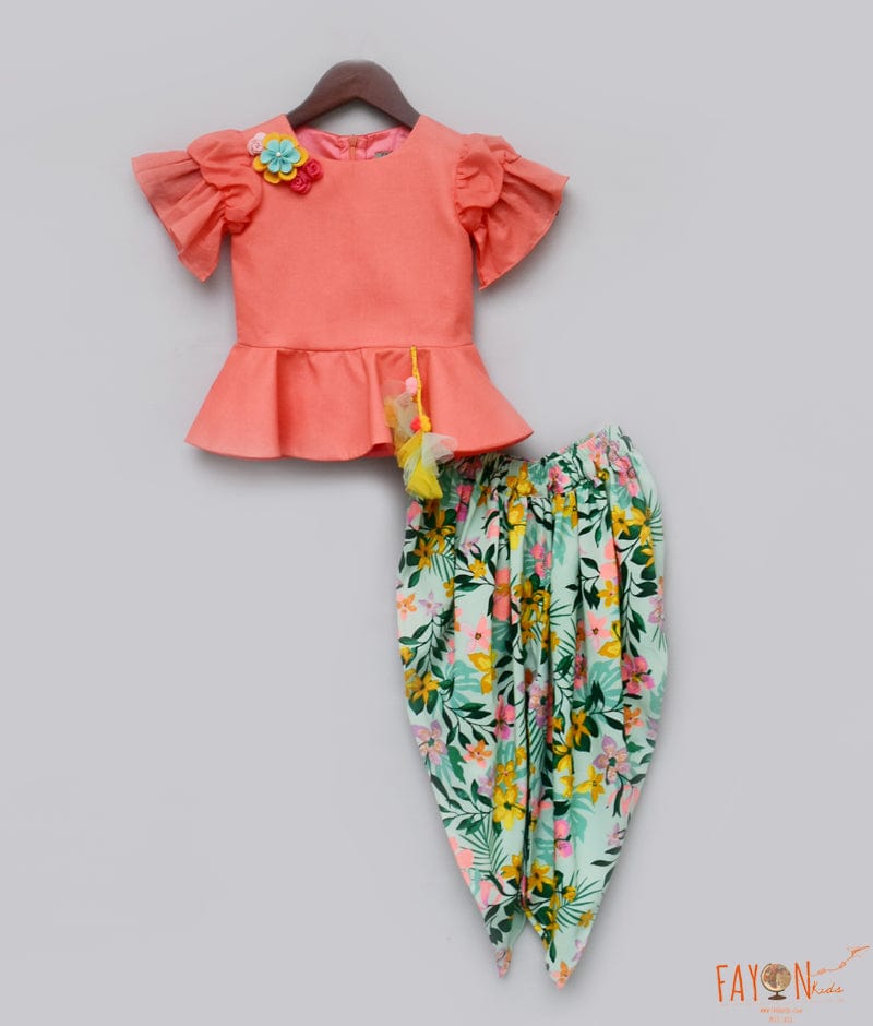 Peach Cotton Printed Dhoti Set with Peplum Top for Girls